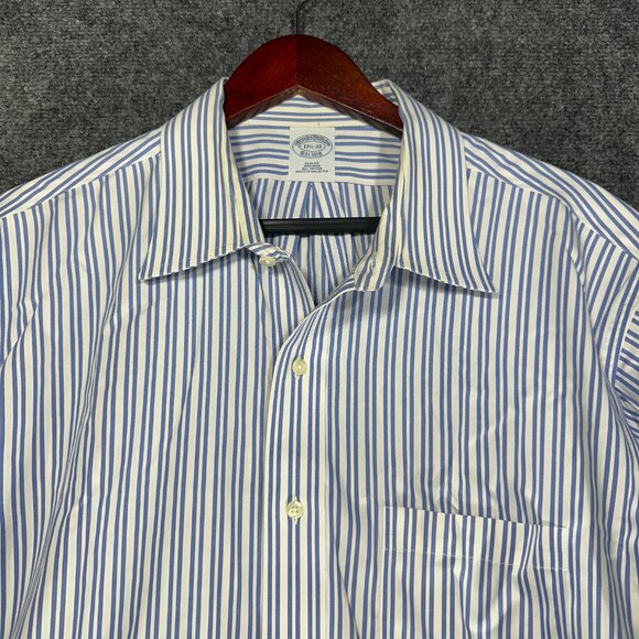 Brooks Brothers Shirt Mens 17.5 Slim Fit Non Iron Blue White Stripe Cotton Pocke - Picture 5 of 8